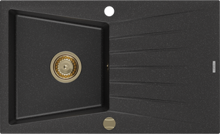 Mexen Cesar granitinė vienos kameros kriauklė su nuotėkiu 775 x 470 mm, juoda/sidabrinė metalo spalva, auksinis sifonas