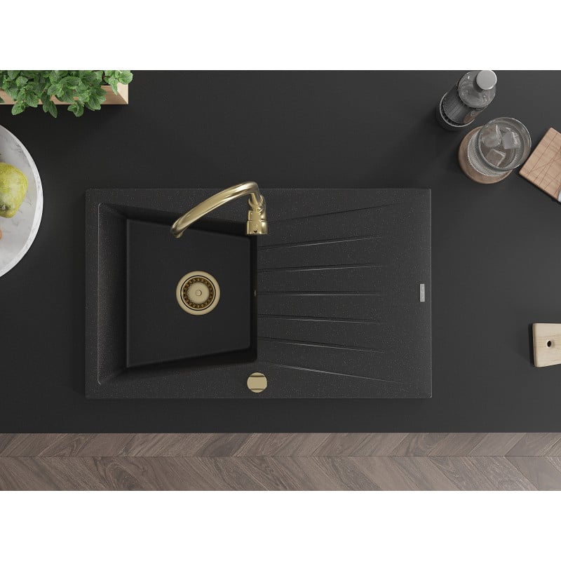 Mexen Cesar granitinė vienos kameros kriauklė su nuotėkiu 775 x 470 mm, juoda/sidabrinė metalo spalva, auksinis sifonas