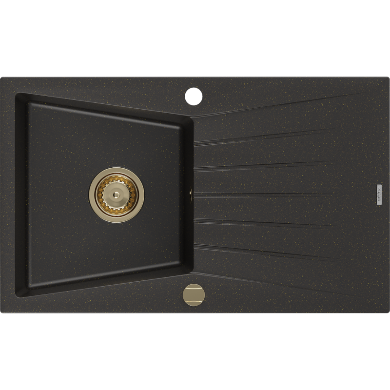 Mexen Cesar granitinė virtuvės plautuvė su viena kamera ir nutekėjimu 775 x 470 mm, juoda/auksinio metalo atspalvio,