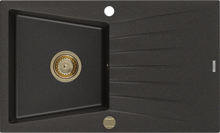 Mexen Cesar granitinė virtuvės plautuvė su viena kamera ir nutekėjimu 775 x 470 mm, juoda/auksinio metalo atspalvio,