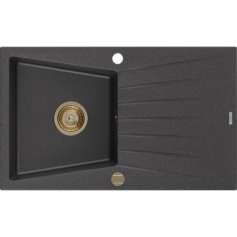 Mexen Cesar vienos kameros granito plautuvė su nutekėjimu 775 x 470 mm, juodas taškuotas, sifonas auksinis - 6514771010-76-G