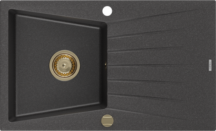 Mexen Cesar vienos kameros granito plautuvė su nutekėjimu 775 x 470 mm, juodas taškuotas, sifonas auksinis - 6514771010-76-G