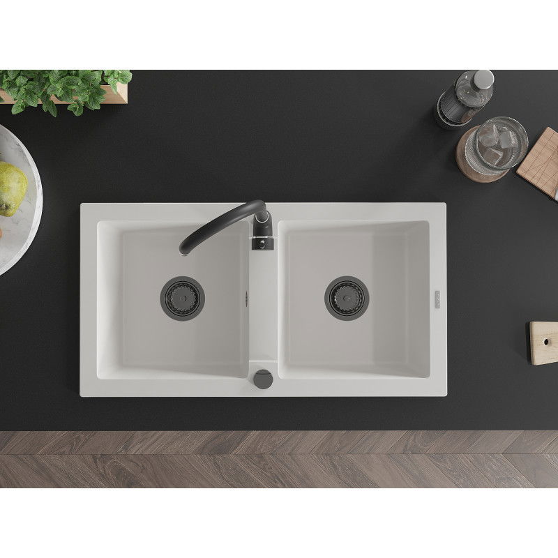 Mexen Mario granitinė dviejų skyrių kriauklė 820 x 436 mm, balta, juodas sifonas - 6504822000-20-B