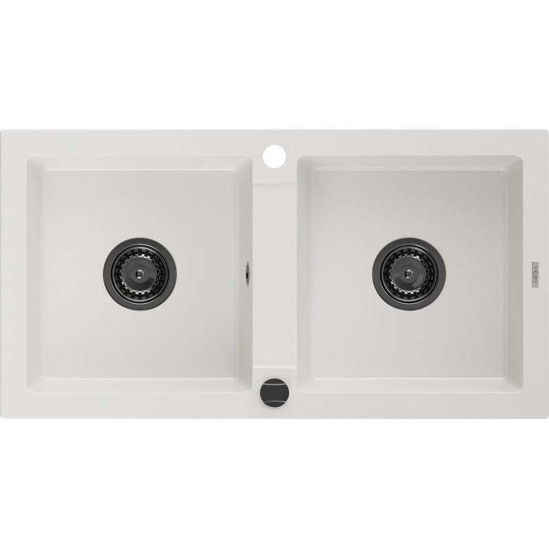 Mexen Mario 2 kamerų granito plautuvė 820 x 436 mm, balta, juodas sifonas - 6504822000-20-B