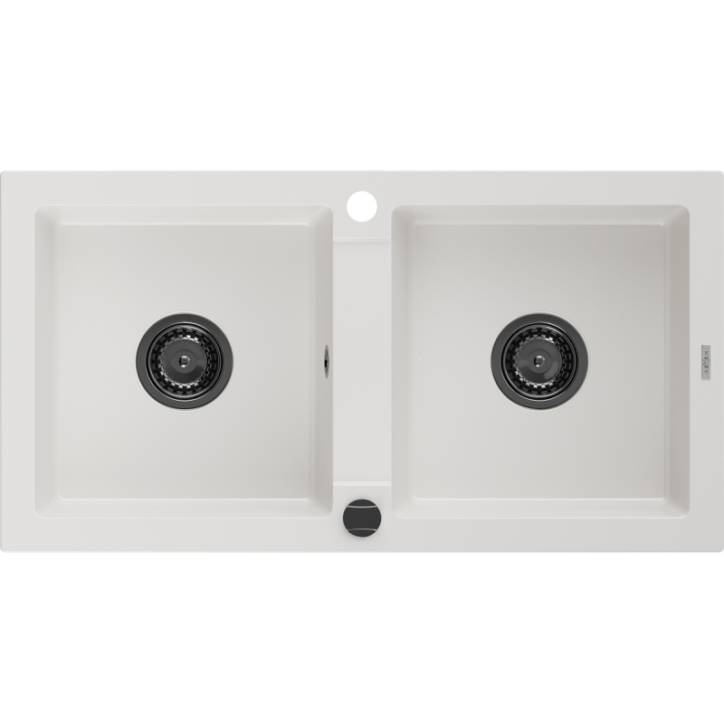 Mexen Mario granitinė dviejų skyrių kriauklė 820 x 436 mm, balta, juodas sifonas - 6504822000-20-B