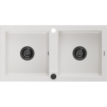 Mexen Mario granitinė dviejų skyrių kriauklė 820 x 436 mm, balta, juodas sifonas - 6504822000-20-B