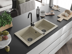 Mexen Mario dviguba granitinė plautuvė 820 x 436 mm, Smėlio spalvos, sifonas Juoda - 6504822000-69-B