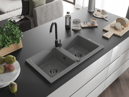 Mexen Mario dviguba granitinė plautuvė 820 x 436 mm, Pilka, sifonas Juoda - 6504822000-71-B