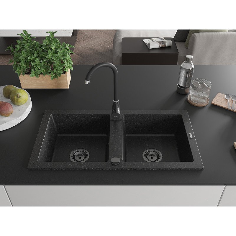 Mexen Mario 2 kamerų granitinė plautuvė 820 x 436 mm, juoda/sidabrinė metaliko, juodas sifonas - 6504822000-73-B