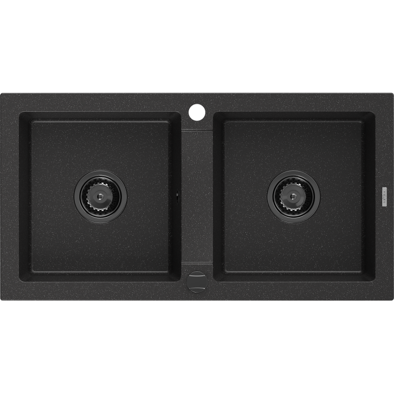 Mexen Mario 2 kamerų granitinė plautuvė 820 x 436 mm, juoda/sidabrinė metaliko, juodas sifonas - 6504822000-73-B