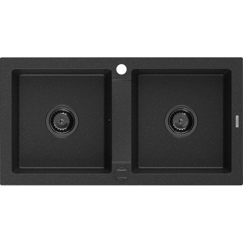 Mexen Mario granitinė dviejų skyrių kriauklė 820 x 436 mm, juoda/sidabrinis metalikas, juodas sifonas - 6504822000-73-B