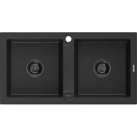Mexen Mario 2 kamerų granitinė plautuvė 820 x 436 mm, juoda/sidabrinė metaliko, juodas sifonas - 6504822000-73-B