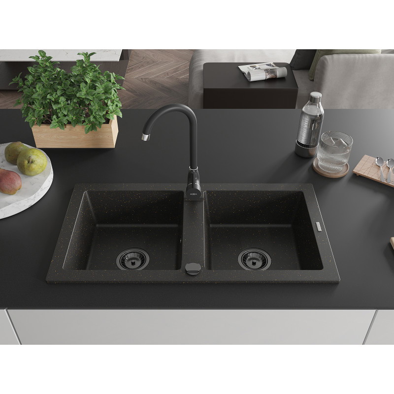 Mexen Mario granitinė plautuvė su dviem kameromis 820 x 436 mm, juoda/aukso metalo efektas, juodas sifonas - 6504822000-75-B