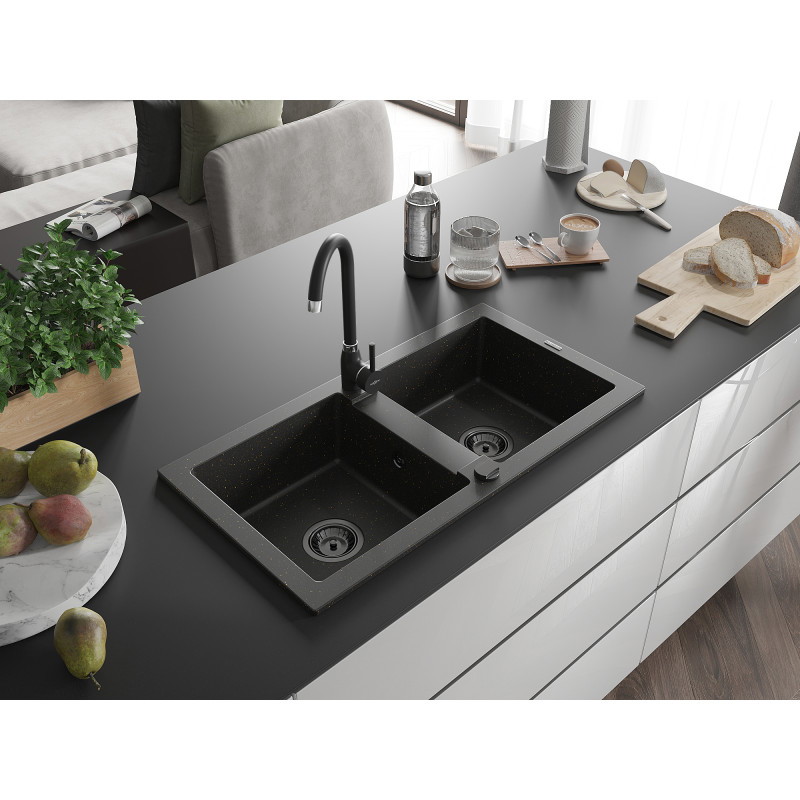Mexen Mario granitinė plautuvė su dviem kameromis 820 x 436 mm, juoda/aukso metalo efektas, juodas sifonas - 6504822000-75-B