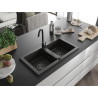 Mexen Mario granitinė plautuvė su dviem kameromis 820 x 436 mm, juoda/aukso metalo efektas, juodas sifonas - 6504822000-75-B