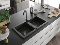 Mexen Mario dviguba granitinė plautuvė 820 x 436 mm, Juoda/Auksinė metallic, sifonas Juoda - 6504822000-75-B