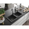 Mexen Mario granito kriauklė su dviem kameromis 820 x 436 mm, juoda su dėmėmis, juodas sifonas - 6504822000-76-B