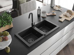 Mexen Mario dviguba granitinė plautuvė 820 x 436 mm, Juoda, sifonas Juoda - 6504822000-77-B