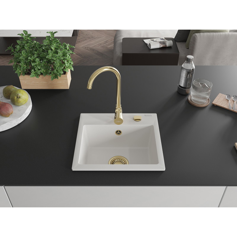 Mexen Milo granitinė kriauklė 1 skyrelio 435 x 410 mm, balta, auksinis sifonas - 6505441000-20-G