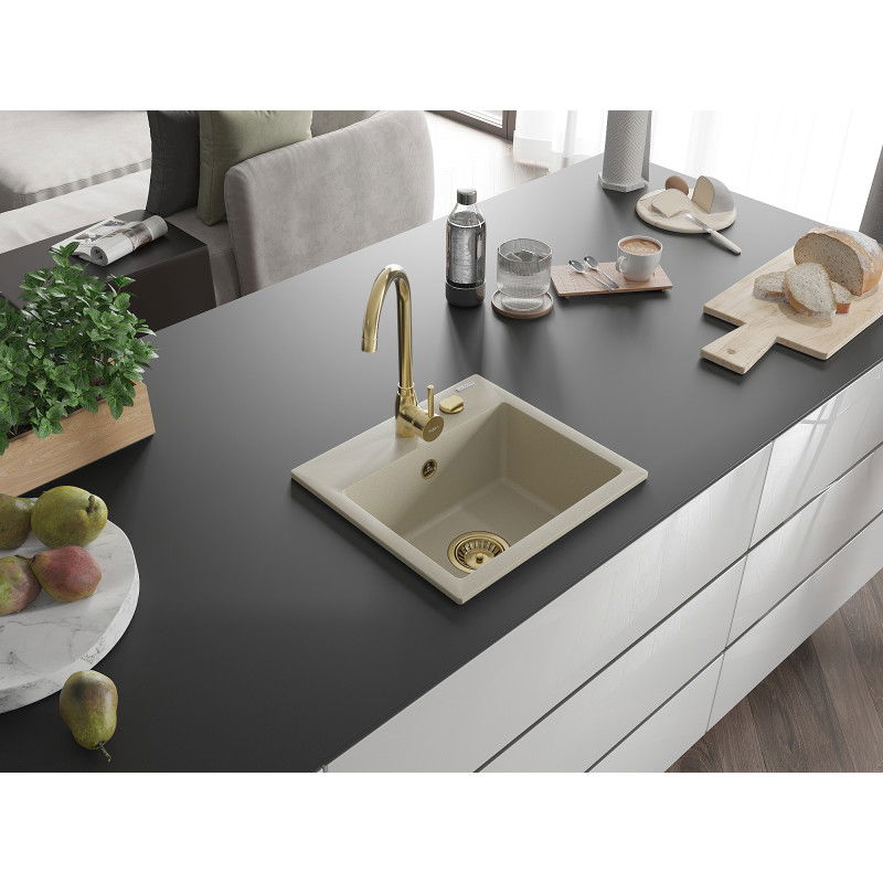 Mexen Milo granito virtuv?s kriaukl? 1 skyrius 435 x 410 mm, sm?lin? spalva, auksinis sifonas - 6505441000-69-G