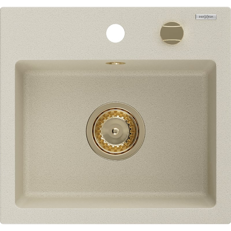 Mexen Milo granitinė vienos kameros plautuvė 435 x 410 mm, smėlio spalvos, auksinė sifono apdaila - 6505441000-69-G