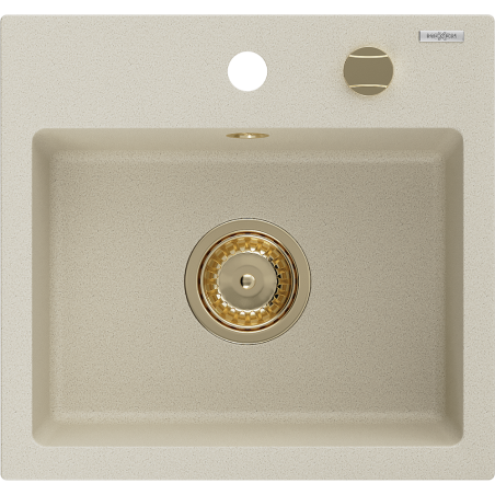 Mexen Milo granitinė vienos kameros plautuvė 435 x 410 mm, smėlio spalvos, auksinė sifono apdaila - 6505441000-69-G