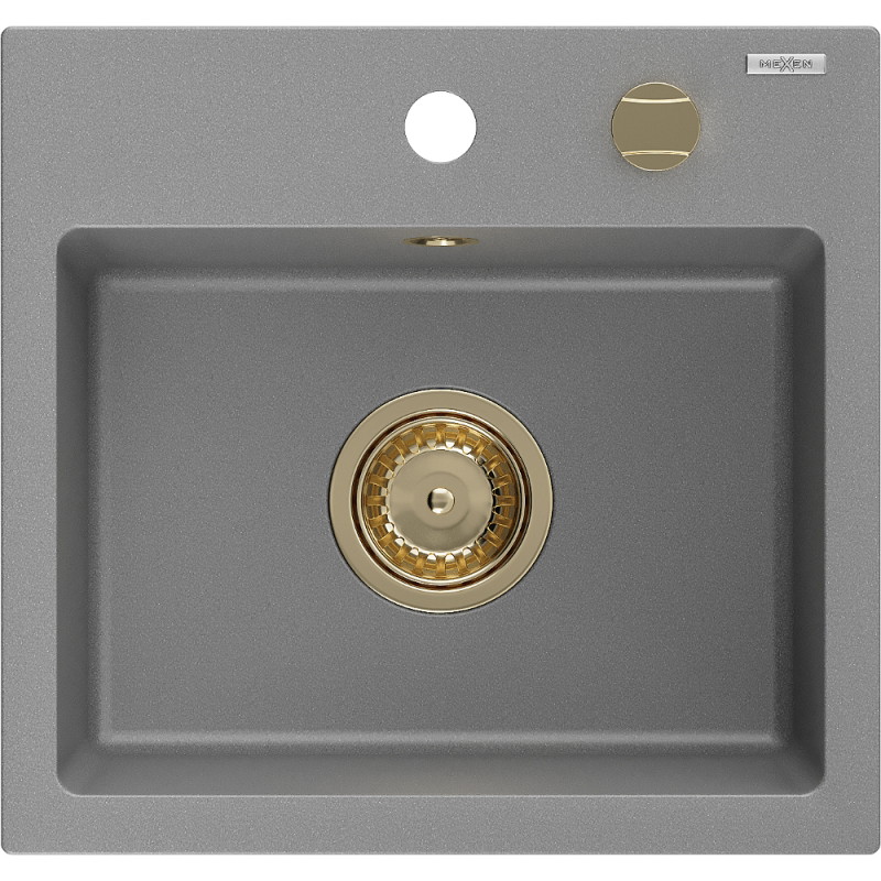Mexen Milo granitinė plautuvė su 1 kamera 435 x 410 mm, pilka, auksinis sifonas - 6505441000-71-G