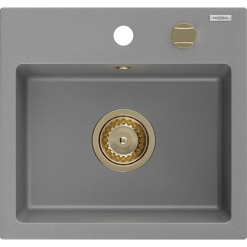 Mexen Milo granitinis vienos kameros plautuvė 435 x 410 mm, pilka, auksinis sifonas - 6505441000-71-G