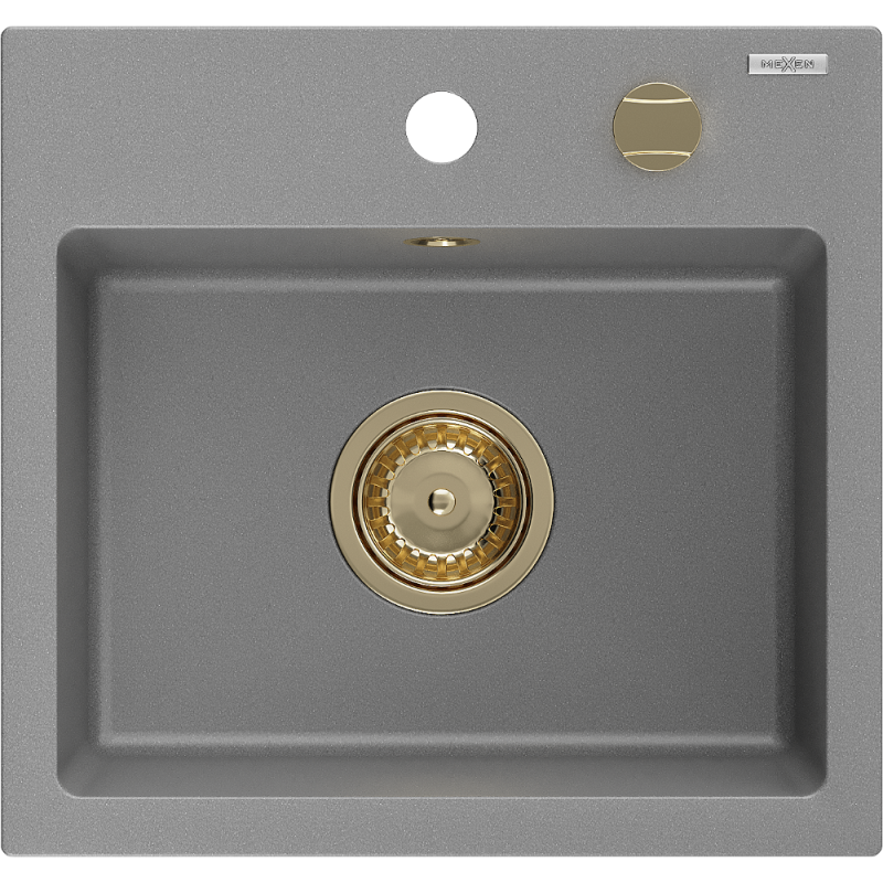 Mexen Milo grindinis virtuvinis kriauklė 1 kamerų 435 x 410 mm, pilkas, auksinis sifonas - 6505441000-71-G
