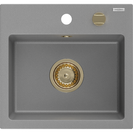 Mexen Milo granitinis vienos kameros plautuvė 435 x 410 mm, pilka, auksinis sifonas - 6505441000-71-G