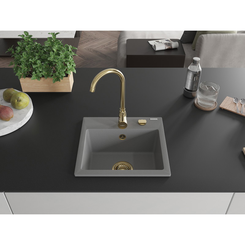 Mexen Milo grindinis virtuvinis kriauklė 1 kamerų 435 x 410 mm, pilkas, auksinis sifonas - 6505441000-71-G