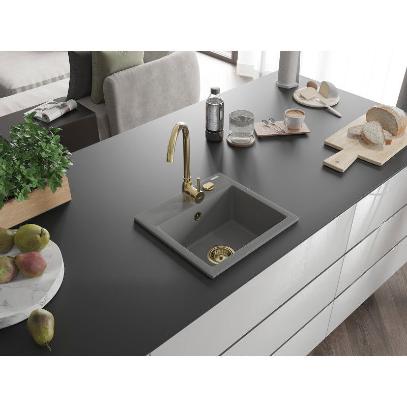 Mexen Milo granitinis vienos kameros plautuvė 435 x 410 mm, pilka, auksinis sifonas - 6505441000-71-G