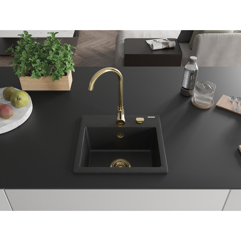 Mexen Milo granitinė vienašakė plautuvė 435 x 410 mm, juoda/sidabrinė metalo spalva, auksinis sifonas - 6505441000-73-G