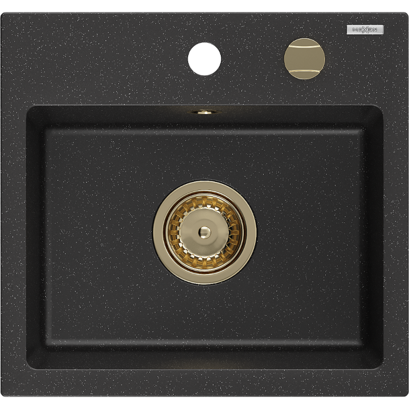 Mexen Milo granitinė vienašakė plautuvė 435 x 410 mm, juoda/sidabrinė metalo spalva, auksinis sifonas - 6505441000-73-G