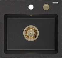 Mexen Milo vienos kameros granito virtuvės kriauklė 435 x 410 mm, juoda/sidabrinė metaliko, sifonas auksinis - 6505441000-73-G