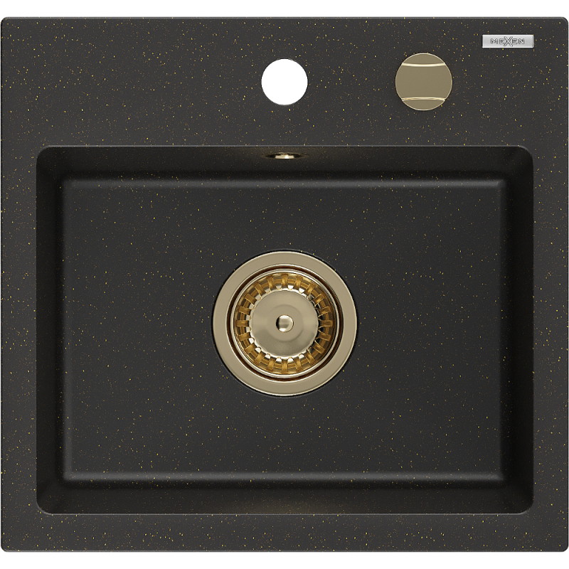 Mexen Milo granitinė vienos kameros plautuvė 435 x 410 mm, juoda/auksinė metalo spalva, auksinis sifonas - 6505441000-75-G
