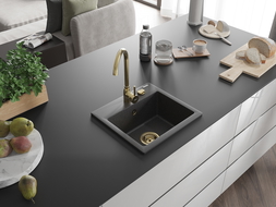 Mexen Milo vienguba granitinė plautuvė 435 x 410 mm, Juodai dėmėtas, sifonas Auksinė - 6505441000-76-G
