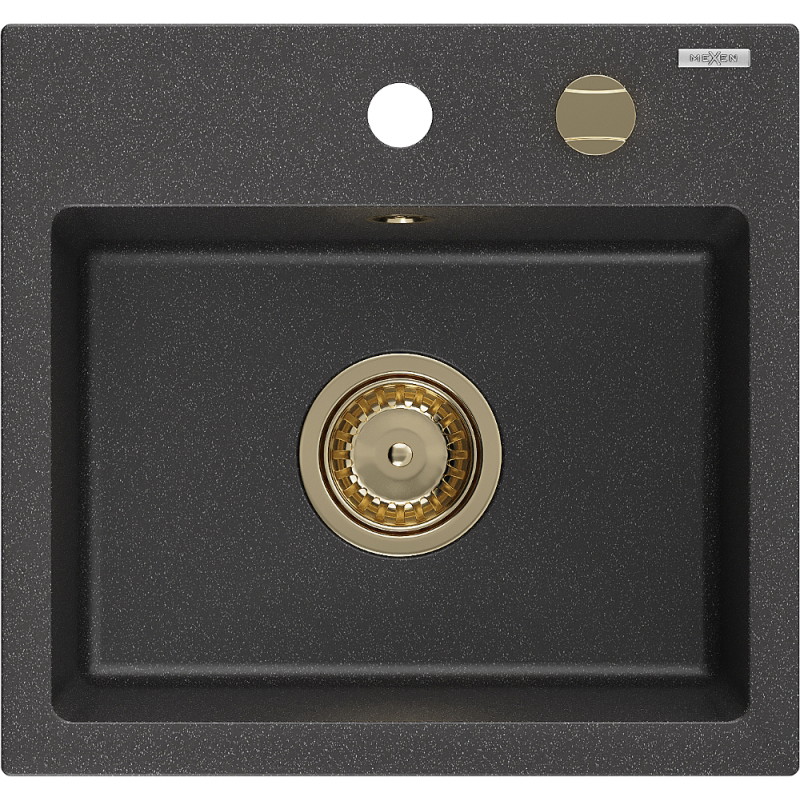 Mexen Milo granitinė kriauklė 1 dubens 435 x 410 mm, juoda su dėmėmis, auksinis sifonas - 6505441000-76-G