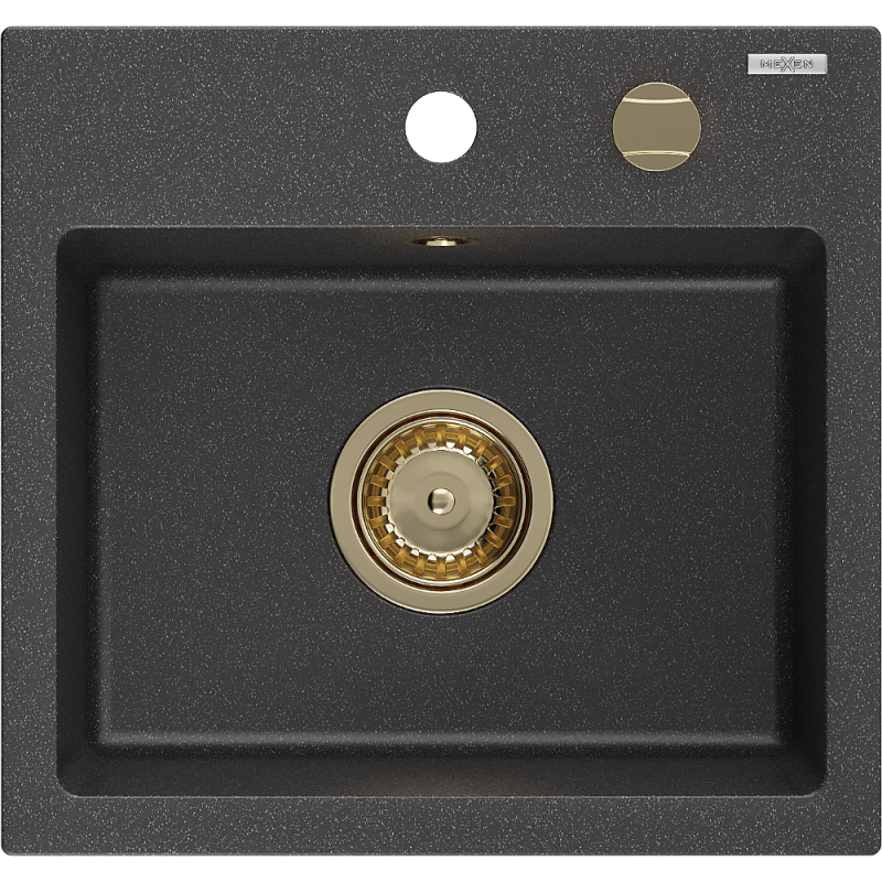 Mexen Milo granito kriauklė su viena plautuve 435 x 410 mm, juoda taškuota, aukso sifonas - 6505441000-76-G