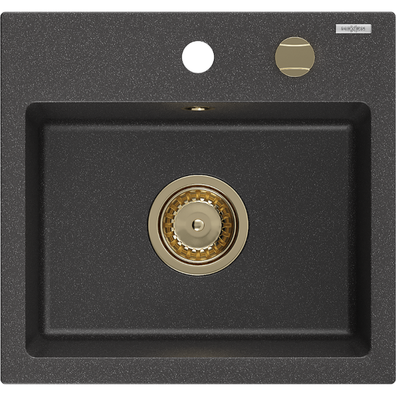 Mexen Milo granito plautuvė 1-dalinė 435 x 410 mm, juoda dėmėta, sifonas auksinis - 6505441000-76-G
