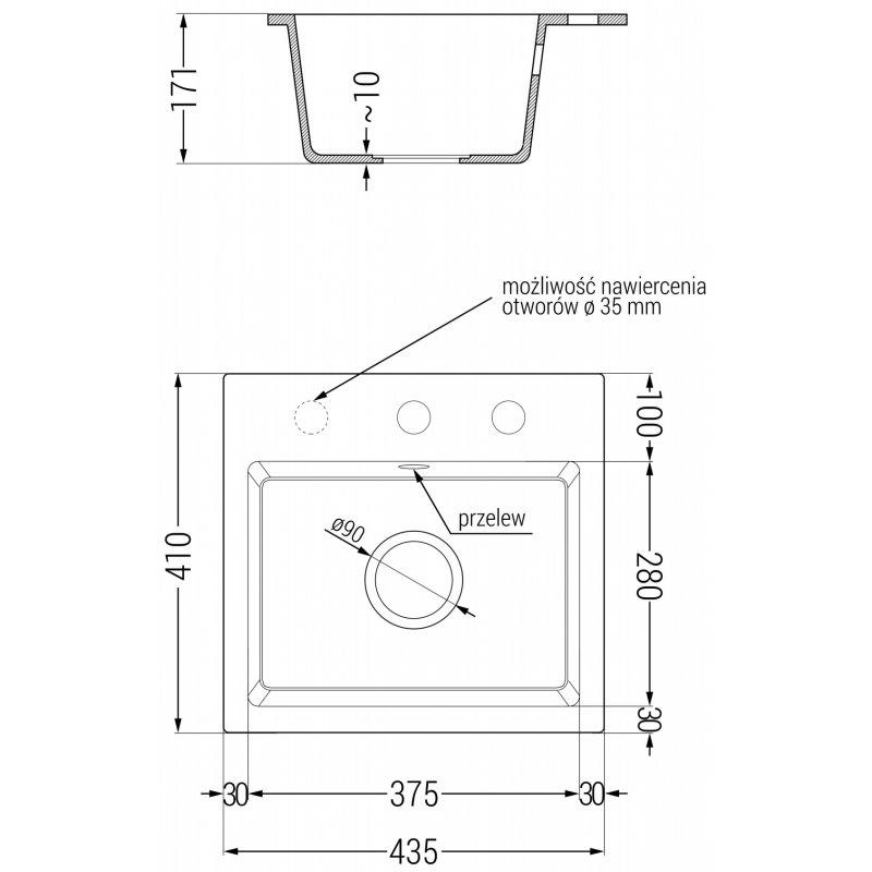 Mexen Milo granitinė virtuvės kriauklė 1 kamerų 435 x 410 mm, balta, juodas sifonas - 6505441000-20-B