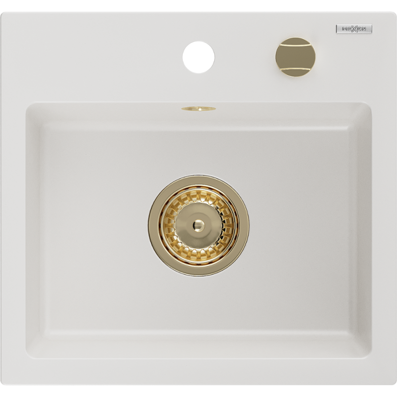 Mexen Milo granitinė kriauklė 1 skyrelio 435 x 410 mm, balta, auksinis sifonas - 6505441000-20-G