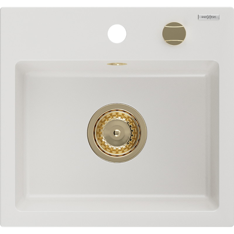 Mexen Milo granitinė vienos dalies plautuvė 435 x 410 mm, balta, sifonas auksinis - 6505441000-20-G