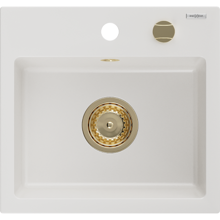 Mexen Milo granitinė kriauklė 1 skyrelio 435 x 410 mm, balta, auksinis sifonas - 6505441000-20-G