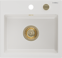 Mexen Milo granitinė kriauklė 1 skyrelio 435 x 410 mm, balta, auksinis sifonas - 6505441000-20-G