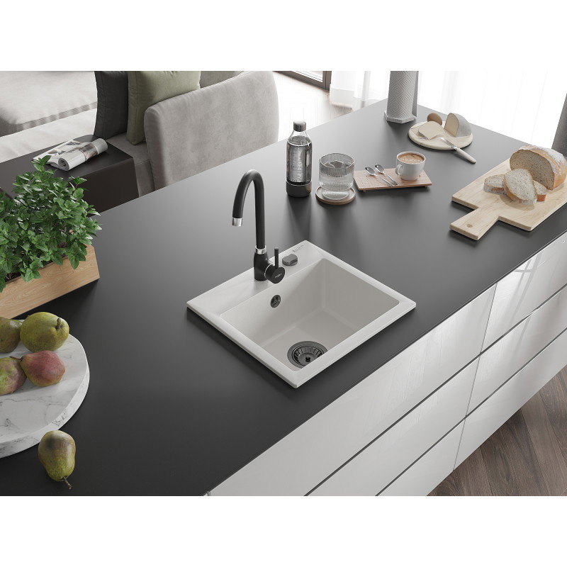 Mexen Milo granitinė vienos kameros plautuvė 435 x 410 mm, balta, juodas sifonas - 6505441000-20-B