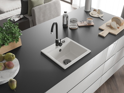 Mexen Milo vienguba granitinė plautuvė 435 x 410 mm, Balta, sifonas Juoda - 6505441000-20-B