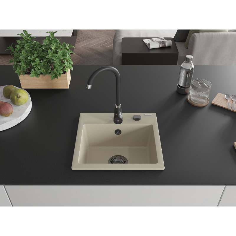 Mexen Milo granito plautuvė su viena kamera 435 x 410 mm, smėlio spalvos, juodas sifonas - 6505441000-69-B