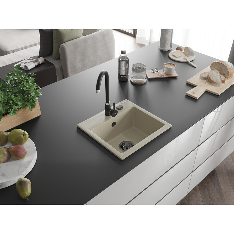 Mexen Milo granito plautuvė su viena kamera 435 x 410 mm, smėlio spalvos, juodas sifonas - 6505441000-69-B