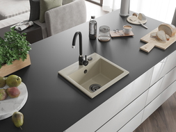 Mexen Milo granito plautuvė 1-skyriumi 435 x 410 mm, smėlio spalvos, juodas sifonas - 6505441000-69-B